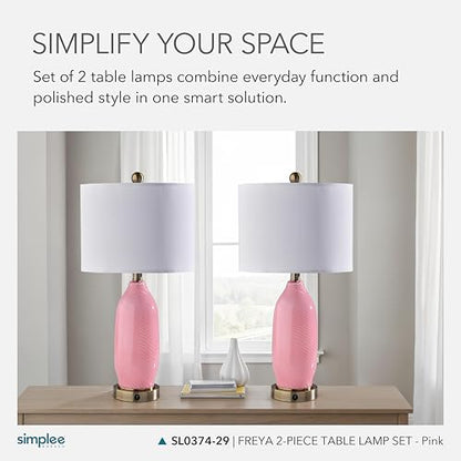 Adesso Set of 2 Dual-Light Table Lamps, USB Ports, AC Outlet, 24” - color: Pink