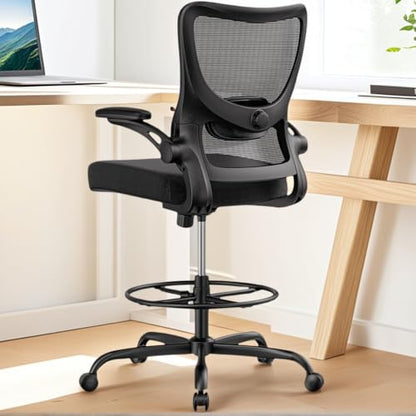 Marsail Drafting Chair, Tall Office Chair with 2D Lumbar Support, Standing Desk Chair,High Office Chair with Padded Flip-Up Armrests & Adjustable Footrest Ring, Ebony