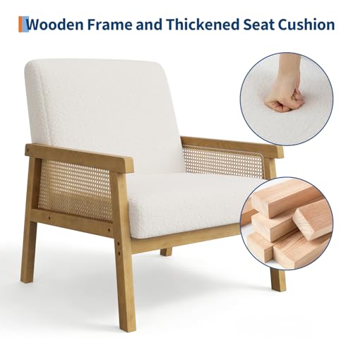 Garvee Boucle Accent Chair, Rattan Armchair with Wooden Frame, High Back, Upholstered Reading Chair Leisure Chairs for Living Room Bedroom Waiting Room Reception, White - color: Boucle, White