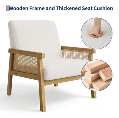 Garvee Boucle Accent Chair, Rattan Armchair with Wooden Frame, High Back, Upholstered Reading Chair Leisure Chairs for Living Room Bedroom Waiting Room Reception, White - color: Boucle, White