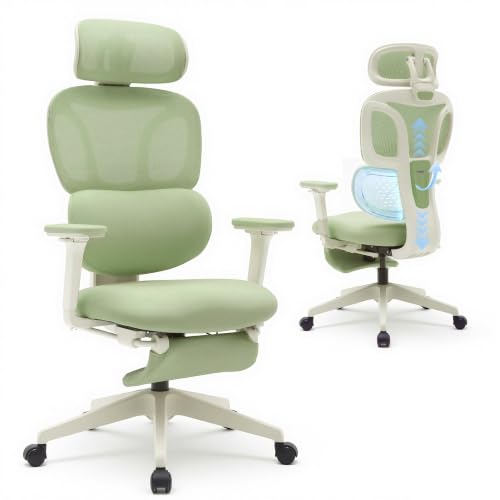 WELAX Ergonomic Office Chair with Lumbar Support, High Back Home Desk Chair with 3D Headrest & 4D Armrests, S3 Pro Ergonomic Mesh Office Chair with Footrest, Gaming & Executive Computer Chairs, Green - color: Cloud Green, size: With 16.5'' Footrest