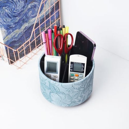 Round Leather Art Supply Organizer,Remote Control Holder,360 Degree Spinning,Multi-Functional Pencil Holder,4 Compartments Desktop Stationary Organizer(1-Carved Light Blue) - color: 1-Carved Light Blue