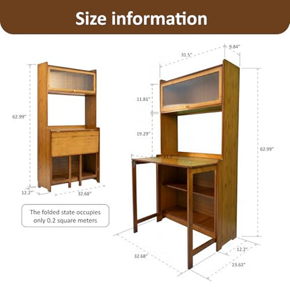 Folding Desk with Storage, Bamboo Foldable Computer Desk for Small Spaces, Small Writing Desk with Shelves for Bedroom Dorm Home Office