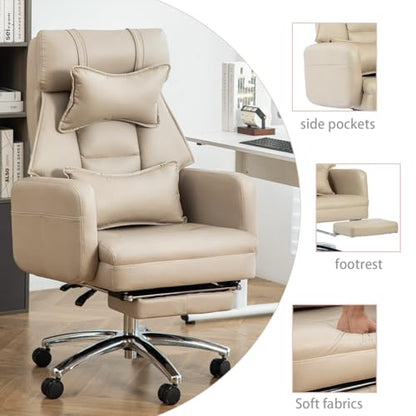 Executive Office Chair, Big and Tall Ergonomic Desk Chairs with Headrest & Footrest, Adjustable High-Back Recliner, Swivel Computer Chair w/Side Pockets, Lumbar Support for Home Office (Beige) - color: Beige