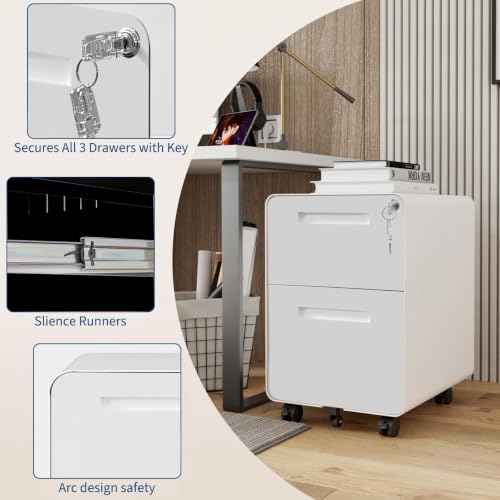 Garvee Mobile File Cabinet with Lock, 2 Drawer File Cabinet with Lock | 2 Drawer Under Desk Metal Rolling Filing Cabinets for Home Office Legal/Letter File Folders, Fully Assembled - color: White Color