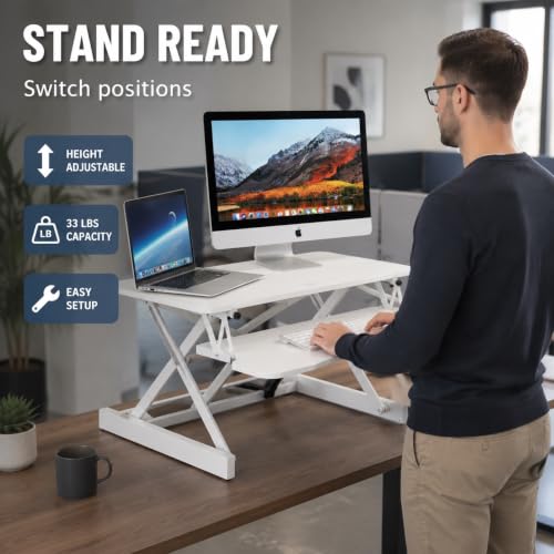 32" Height Adjustable Sit Stand Desk Converter, Dual Monitor Laptop Riser, Black (Desk Converter (White)) - color: Desk Converter (White)