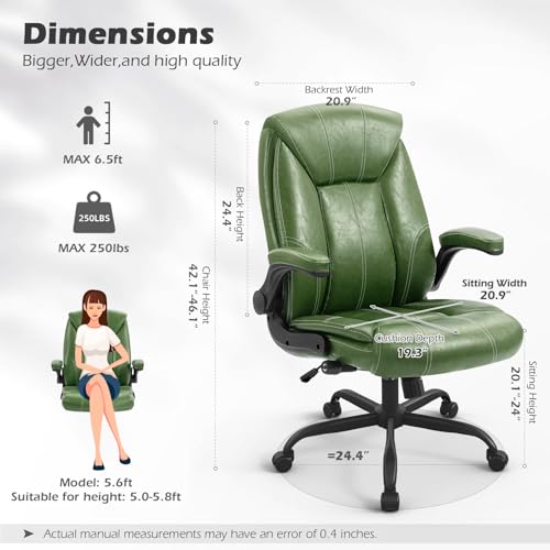 Executive Office Chair,Big and Tall Ergonomic Desk Chair with Adjustable Lumbar Support,Breathable PU Leather Computer Chair wih Flip-up Arms and Wheels,Green - color: Green