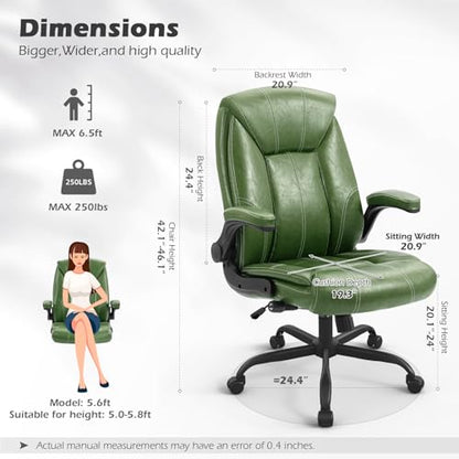 Executive Office Chair,Big and Tall Ergonomic Desk Chair with Adjustable Lumbar Support,Breathable PU Leather Computer Chair wih Flip-up Arms and Wheels,Green - color: Green