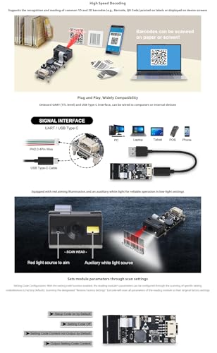 Embedded 1D 2D Barcode Scanner Module, QR Code Reader with USB Type-C & TTL UART Interface, Fast Decoding on Screen & Paper, for Arduino Raspberry Pi POS Kiosk ATM Integration