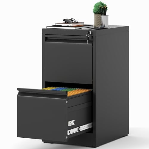 2 Drawer File Cabinet with Lock, 18" D Metal Vertical Filing Cabinets, Steel File Storage Cabinets for Home Office, Hanging A4 Legal/Letter Size Narrow File Cabinet, Assembly Required - color: Black, size: 2 Drawers