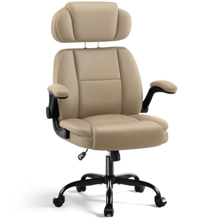 Ergonomic Office Chair with Lumbar Support, 400lbs Heavy Duty Big and Tall Executive Desk Chair, PU Leather High Back Computer Chair with Flip-Up Arms & Adjustable Headrest, Khaki - color: Khaki, size: Adjustable Headrest Office Chair