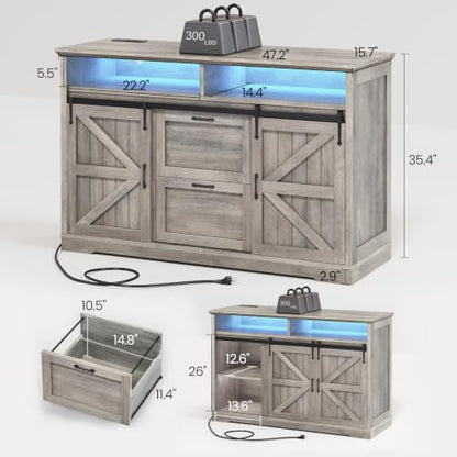 SEDETA 47.2" File Cabinet, 2 Drawers Filing Cabinets for Home Office fit Legal/Letter/A4 File, Farmhouse File Cabinet with Barn Door & Power Outlets, Printer Stand with Storage & LED Lights, Grey - color: Grey