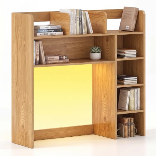 LDAILY Desktop Bookshelf with LED Lights, 35.5’’ Wooden Desk Shelf with 8 Cubes & 3 Adjustable Storage Shelves, 5-Tier Desk Hutch for Dorm College Office Computer Monitor Up to 25’’(Natural) - color: Natural, size: 8 Shelves