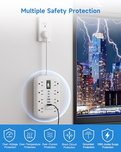 Short Extension Cord 1 FT with 6 USB(3 USB C) 8 Outlets, Flat Power Strip - size: 1 FT-White-Three Prong