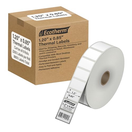 1.2" x .85" Thermal Labels | 6 Rolls | 16260 Labels | fits Zebra, Godex, Arkscan, iDPRT, Offnova Thermal Label Printers and More | Blank White Adhesive Stickers by Ecotherm - size: 1.2 x .85 - 16260 Labels