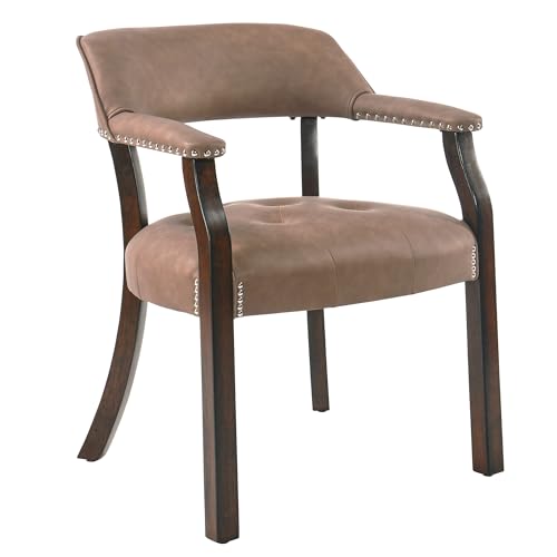 LEEMTORIG Faux Leather Dining Chair with Arms, Solid Wood Dining Chair with Supportive Back, Boss Caption's Chairs Office Desk Chairs, Espresso Legs & Yellowish Brown PU CY-NX173-318EY - color: Espresso Legs & Yellowish Brown Pu, size: Set of 1