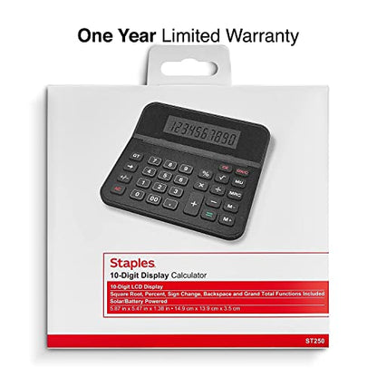 Staples 10‑Digit Desktop Calculator, Large Display with Big Buttons, Solar & Battery Dual Power, Basic Office Calculator for Business, Home & School, Black, 2‑Pack (ST250‑CCVS) - style: 2 Pack