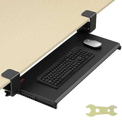 VEVOR Clamp on Keyboard Tray Under Desk, Desk Keyboard Tray Slide Out with Sturdy No-Drill C Clamp Mount, Large 26.8 x 11 inch Slide-Out Computer Drawer for Typing in Home, Office Work - style: C-CLAMP