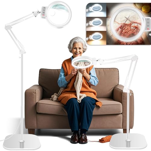 30X 10X Large Floor Magnifying Glass with Light and Stand,72 LED Adjustable Height Floor Magnifying Lamp,2 in 1 Lighted Magnifiers for Close Work, Sewing,Crafts,Hobbies,Reading (White) - color: White