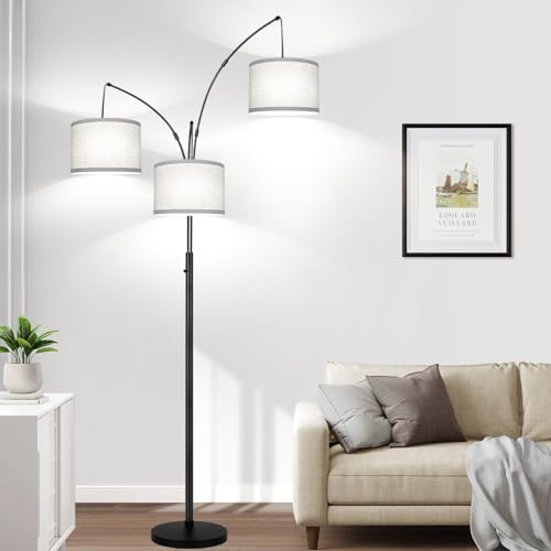 Dimmable Floor Lamp, 3 Lights Black Arc Floor Lamp, Modern Tall Standing Tree Lamp with Grey Linen Shades & Heavy Base, 3000LM LED Bulbs, Bright Lighting for Living Room, Bedroom, Office & Reading - color: Matte Black-Gray Linen Shades