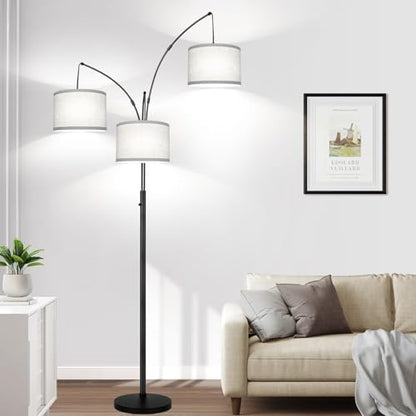 Dimmable Floor Lamp, 3 Lights Black Arc Floor Lamp, Modern Tall Standing Tree Lamp with Grey Linen Shades & Heavy Base, 3000LM LED Bulbs, Bright Lighting for Living Room, Bedroom, Office & Reading - color: Matte Black-Gray Linen Shades
