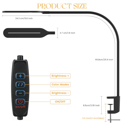 LED Desk Lamp with Clamp, 3 Color Modes 10 Brightness Levels, Long Flexible Gooseneck, Ultra Wide Brightness Range, led Clip Desk lamp, USB Eye-Caring Clip on Lights for Home Office, Black - style: Clip Lamp