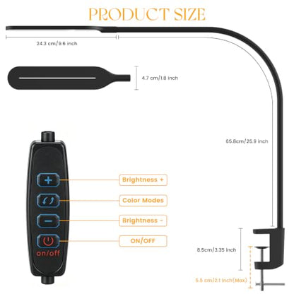 LED Desk Lamp with Clamp, 3 Color Modes 10 Brightness Levels, Long Flexible Gooseneck, Ultra Wide Brightness Range, led Clip Desk lamp, USB Eye-Caring Clip on Lights for Home Office, Black - style: Clip Lamp