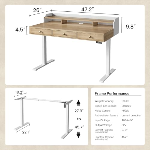 Electric Standing Desk with 3 Drawers & Monitor Shelf | 47.2 x 26 Inch Height Adjustable Standing Desk, Sit Stand Desk with Storage, 176 Lbs Capacity, Home Office, Light Walnut - color: Light Walnut