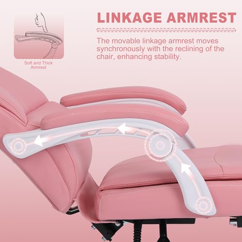 Misolant Big and Tall Office Chair with Footrest, High Back Desk Chair with Linkage Armrest, 90-155° Recline Executive Computer Chairs with Adjustable Height for Home - color: Pink
