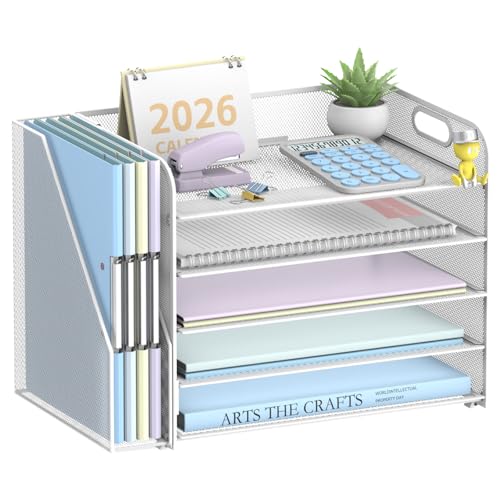 5-Tier Desk Organizer with File Holder, Paper Organizer for Desk, White | 5 Letter Trays and Vertical File Holder with Metal Mesh Frame for Papers Folders Books and Mail in Office Home or School - color: White