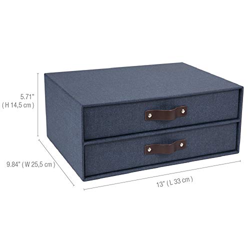 Bigso Birger 2-Drawer Canvas Fiberboard Easy Pull Handle Document Letter Box | Desktop Drawers for Loose Papers and Documents | Desktop Storage Drawers with Leather Handles | 13.1” x 10” x 5.7” | Blue - color: Blue