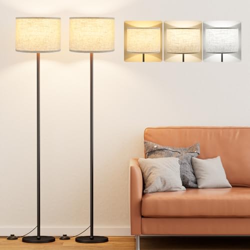 Ambimall 60'' Modern Floor Lamp Set of 2, 2PK Tall Lamps for Living Room Bedroom, Beige Shade with Black Pole(Without Bulb) - color: beige & black 2PCS, size: 60 Inches(Without Bulb)