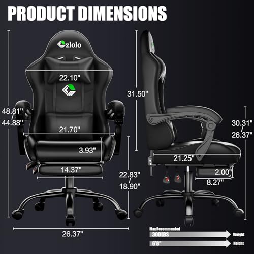 Czlolo Gaming Chair with Footrest Racing Style Lumbar Support Massager Video Game Chair with Metal Legs, High Back Gamer Chair with Headrest, 360° Swivel Office Computer Desk Chair (Black) - color: Black