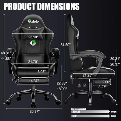 Czlolo Gaming Chair with Footrest Racing Style Lumbar Support Massager Video Game Chair with Metal Legs, High Back Gamer Chair with Headrest, 360° Swivel Office Computer Desk Chair (Black) - color: Black