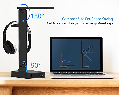 Drevet LED Desk Lamp with Headphone Stand, Desk Light with 1 USB Charging Port and 2 AC Power Outlet, 3 Lighting Modes, 3 Level Brightness,1H Timer, Memory Function, Eye-Caring Gaming Desk Lamp - color: Black3.0 with headphone stand