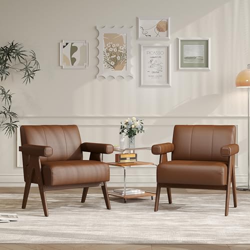 JIASTING Mid Century Modern Accent Chair Set of 2, Brown Leather Armchair | JIASTING, Small, Comfy, Wood Arms, Living Room Bedroom, Office - color: Brown