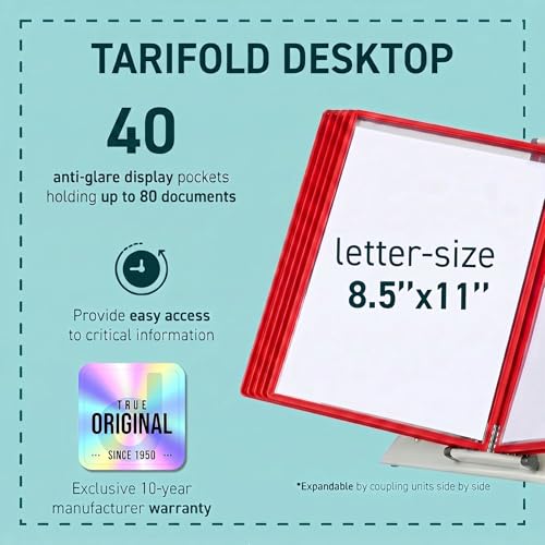 Tarifold Desktop Reference Display System, 40 Pockets, Expandable, Red | 40 Double-Sided PVC Pockets, Holds 80 Letter-Size Sheets, Sturdy Metal Base, Quick-Find Indexing, Quick and Easy to Assemble - color: Red, size: 40 Pockets