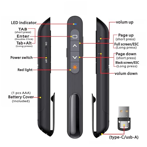Presentation Clicker USB c, Hyperlink Volume Control Presentation Clicker,PowerPoint Clicker Presentation Remote， Pointer Slide Advancerwith USB-A&C Receiver， Computers, laptops,Mac Keynote,LBBYDDLL