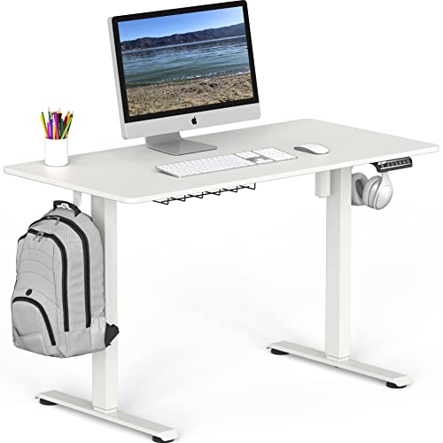 SHW 48-Inch Electric Height Adjustable Sit to Stand Desk, White | with Hanging Hooks and Cable Management, White Frame and White Top - color: White, size: 48-Inch