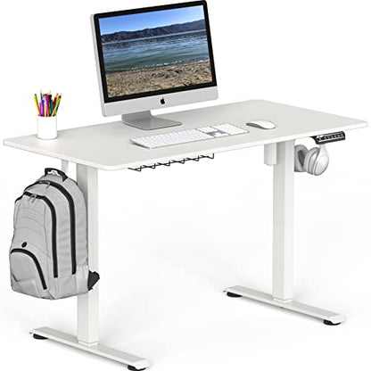 SHW 48-Inch Electric Height Adjustable Sit to Stand Desk, White | with Hanging Hooks and Cable Management, White Frame and White Top - color: White, size: 48-Inch