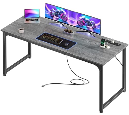 PRAISUN 63 X 24 Inch Computer Desk, Power Outlets, USB-C, Grey - color: Grey, size: 63inch