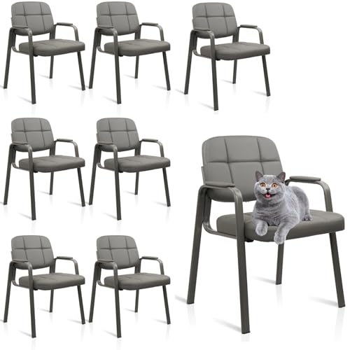 CLATINA Waiting Room Chairs No Wheels Set of 8, Stationary Leather Office Reception Guest Chair with Padded Arms for Elderly Desk Conference Room Lobby Table Side Salon, Grey - color: Grey, size: 8 Pack
