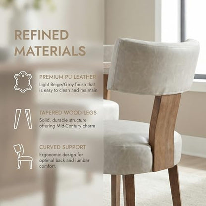 HNY Mid Century Modern Dining Chairs Set of 2, Farmhouse PU Leather Upholstered Accent Chair Curved Backrest Kitchen Chairs, with Hardwood Frame, Grey - color: Grey Curved