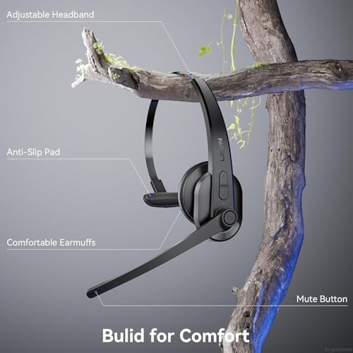 Wireless Headset with Mic for Work, Bluetooth Headset with Microphone(AI Noise Cancelling), Lightweight Comfortable with Mute Button Computer Headset with Microphone for PC/Office/Call Center/ Teams
