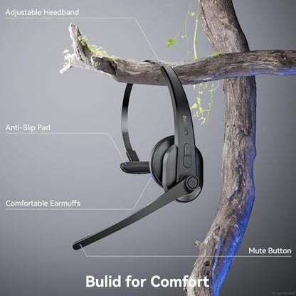 Wireless Headset with Mic for Work, Bluetooth Headset with Microphone(AI Noise Cancelling), Lightweight Comfortable with Mute Button Computer Headset with Microphone for PC/Office/Call Center/ Teams