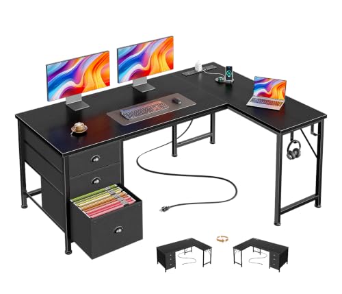 Furologee 55" L Shaped Desk with Outlets, Computer Corner Desk, Black - color: Black, size: 55“