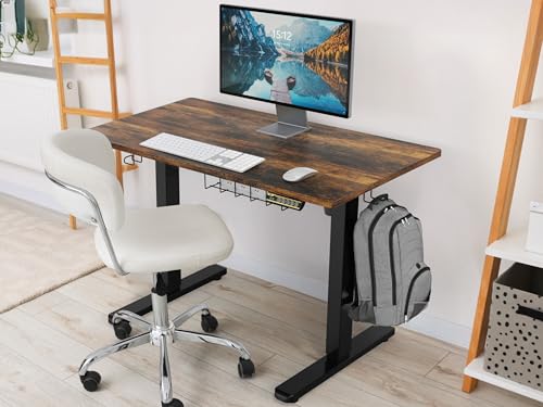 SHW 40 x 22 Inches Electric Height Adjustable Stand Desk, Rustic Brown | with Hanging Hooks and Cable Management, Black Frame and Rustic Brown Top - color: Rustic Brown, size: 40-Inch