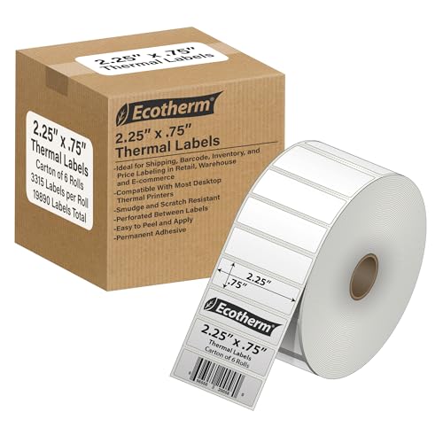 2.25" x .75" Thermal Labels | 6 Rolls | 19890 Labels | fits Zebra, Munbyn, Rollo, Godex, Arkscan, iDPRT, Offnova Thermal Label Printers and More | Blank White Adhesive Stickers by Ecotherm - size: 2.25 x .75 - 19890 Labels