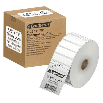 2.25" x .75" Thermal Labels | 6 Rolls | 19890 Labels | fits Zebra, Munbyn, Rollo, Godex, Arkscan, iDPRT, Offnova Thermal Label Printers and More | Blank White Adhesive Stickers by Ecotherm - size: 2.25 x .75 - 19890 Labels
