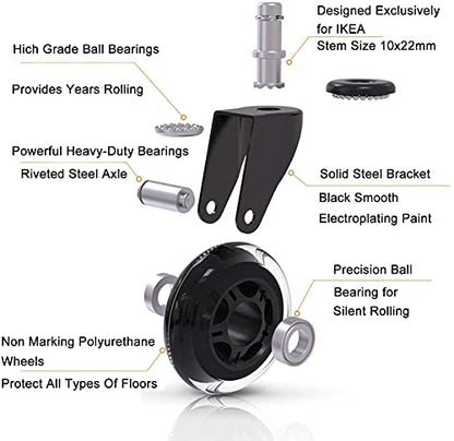 Office Chair Wheels for IKEA Chairs,10mm stem Caster, 3 Inch Heavy Duty Replacement Rubber Chair Casters, Quiet & Smooth Rolling for IKEA Casters, Protection for Hardwood Floors or Carpet